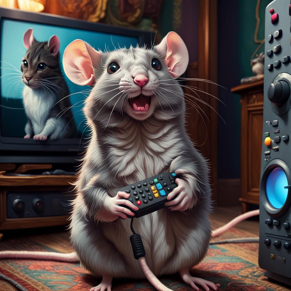 Cute Rat with TV Remote: Maximalist 8K Photo