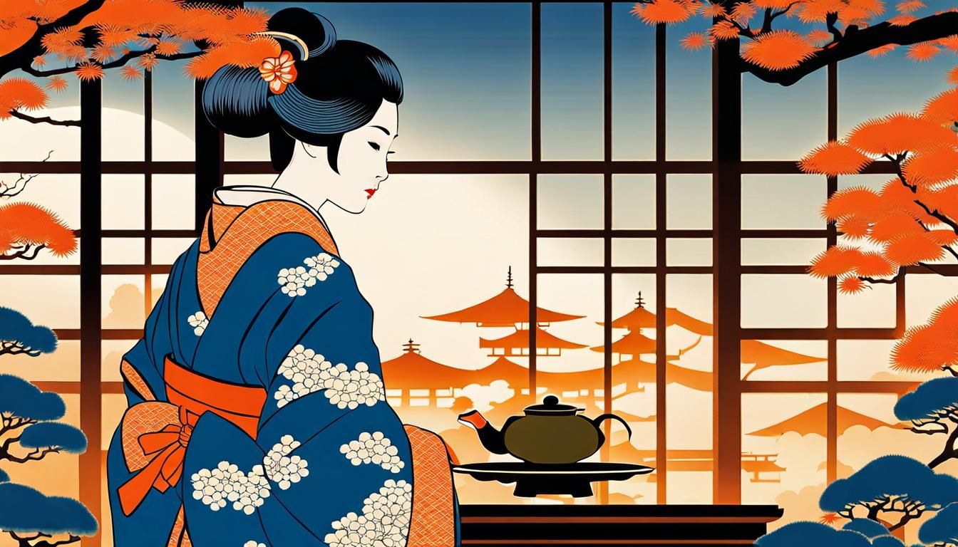 Serene Tea Garden in Ukiyo-e Style