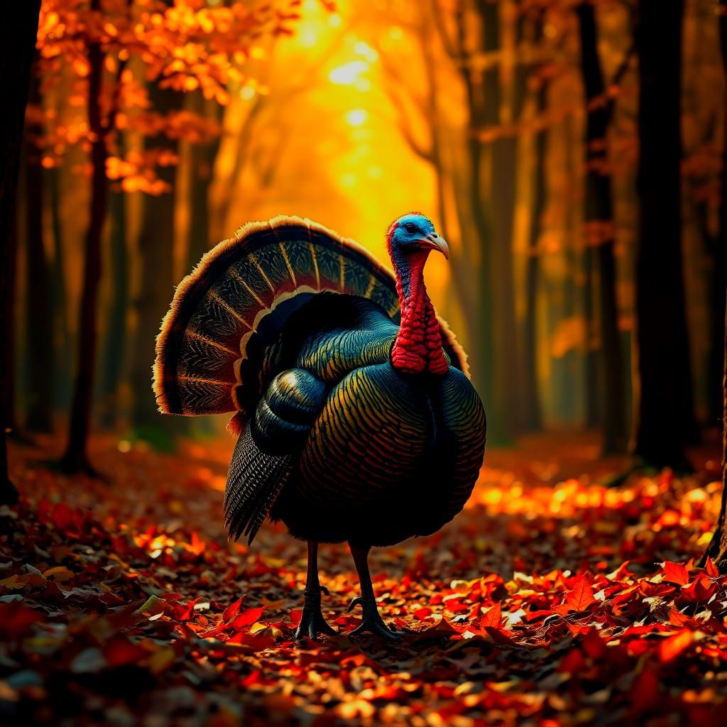 Vibrant Wild Turkey Portrait in Autumn Forest