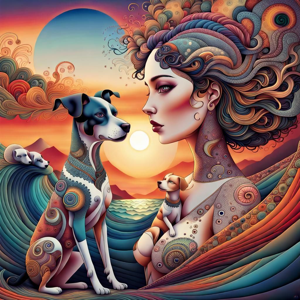 Woman and Dog at Sunset in Art Brut Style