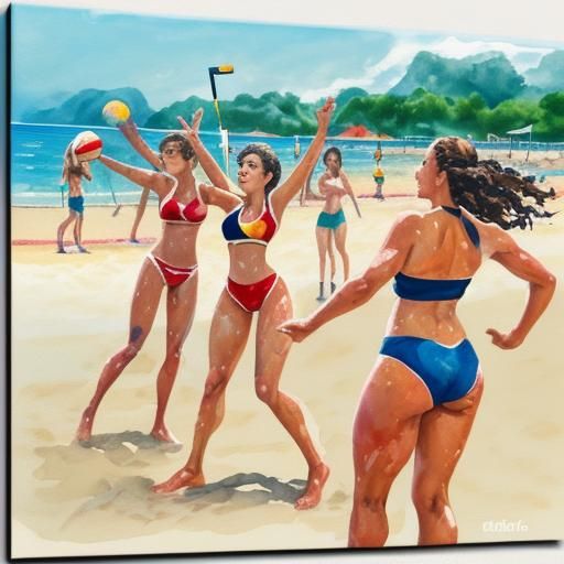 Girls Playing Beach Volleyball as Gouache Painting