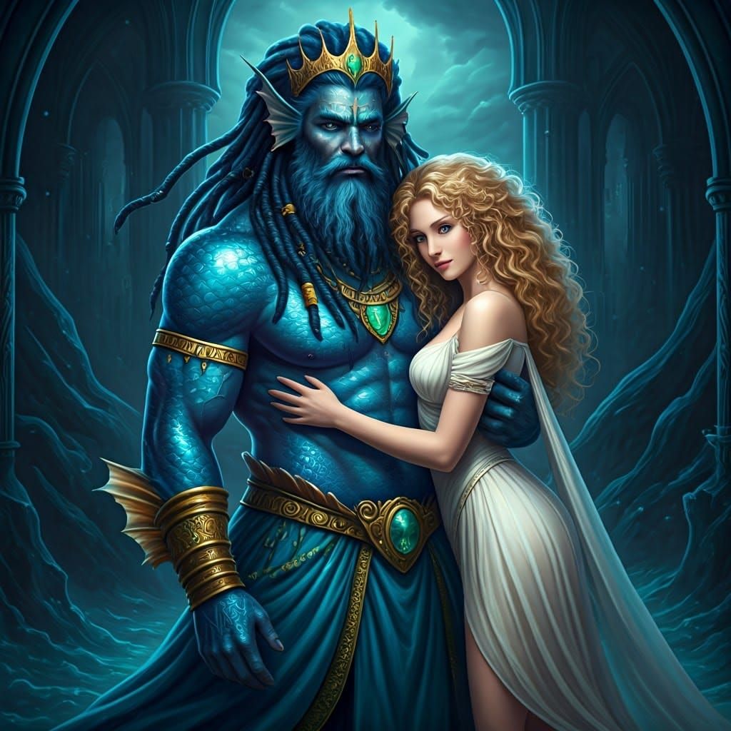 Majestic Sea King in Turquoise Skirt Stands Proudly in Dark ...