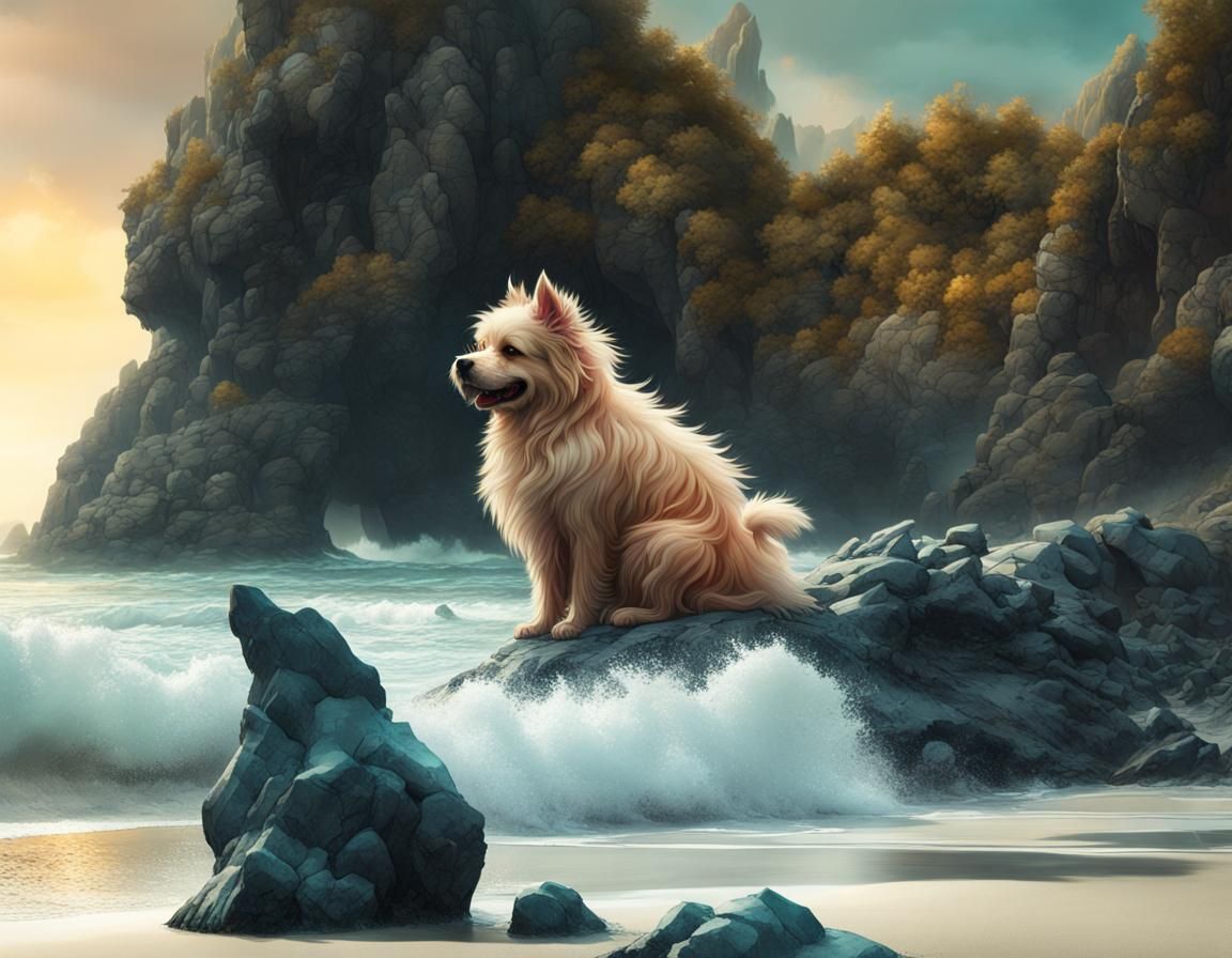 Fluffy Dog on Beach: Fantasycore Digital Art