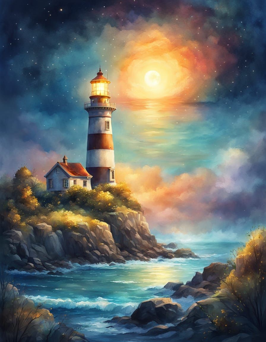 Fantasy Lighthouse in Dreamy Watercolor Style