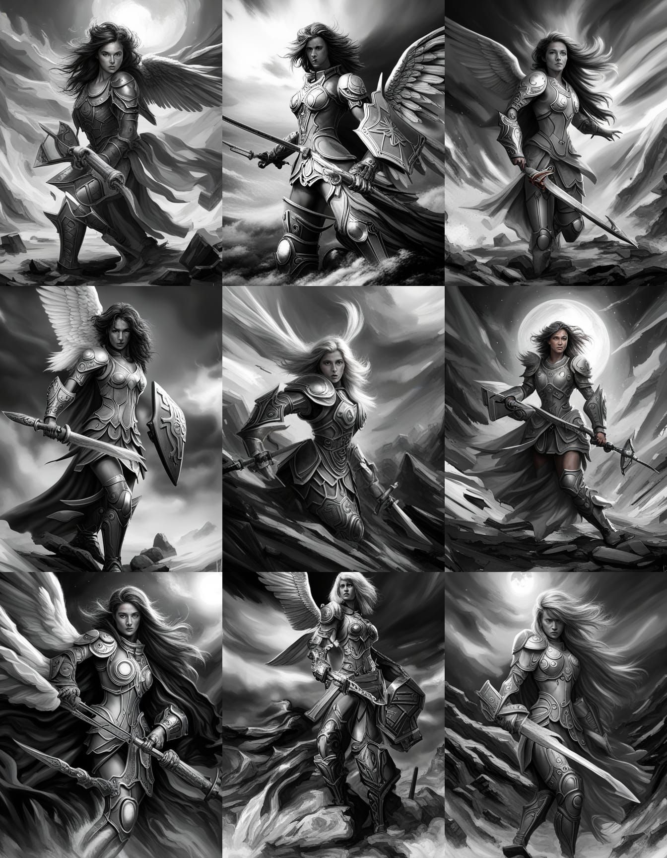 Flying Battle Angel with Holy Weapon in Dark Fantasy Style