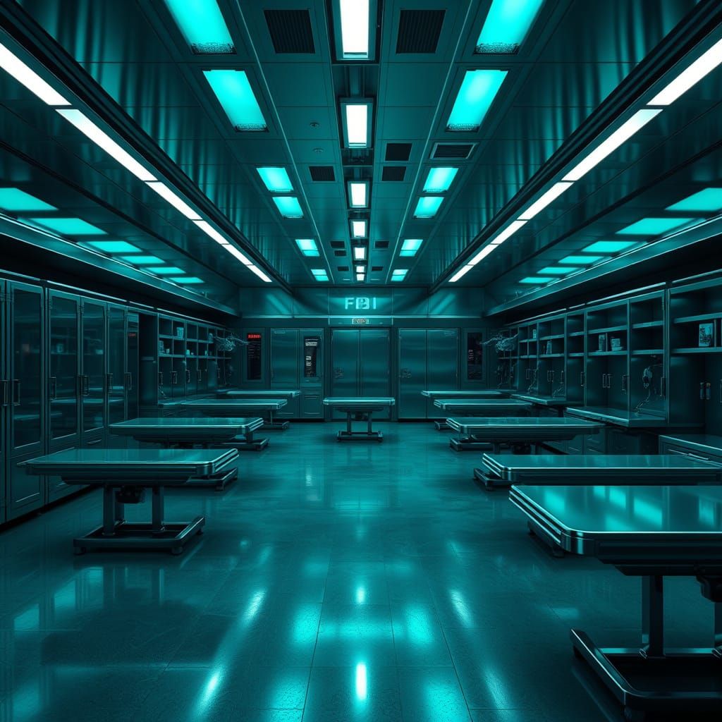 Grim FBI Morgue in Eerie Blue-Green Haze