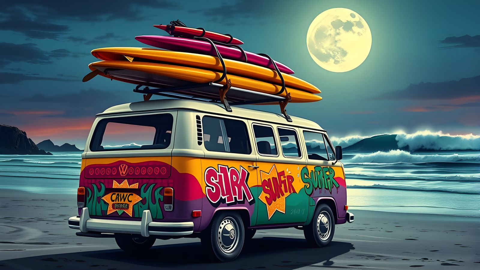 Volkswagen Camper Van Surfs the Night Waves