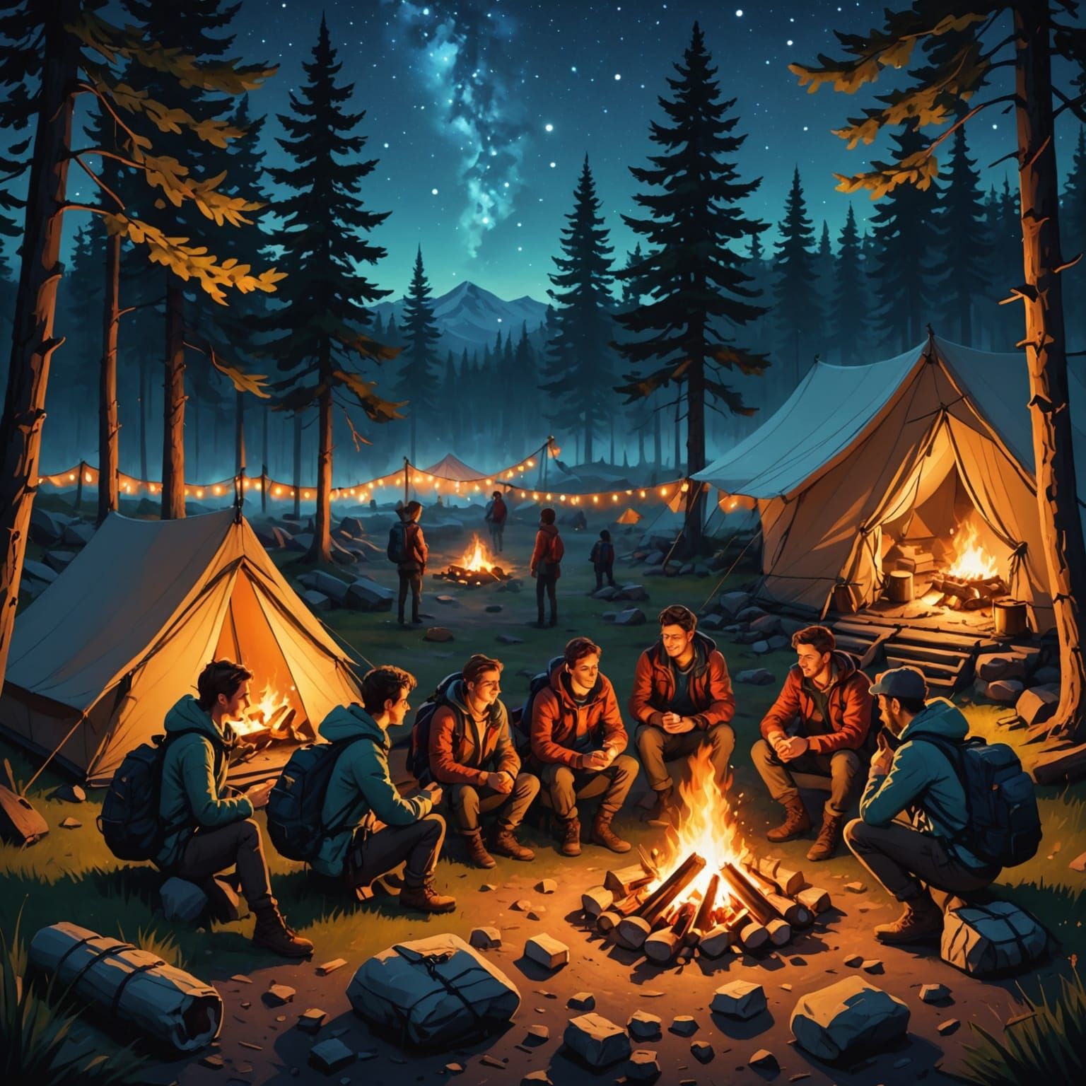 Friends Camping Under Starry Sky: Digital Painting