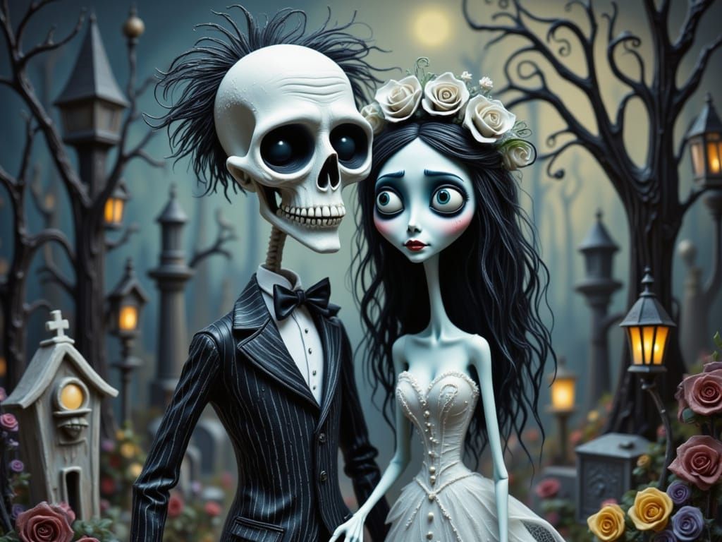 Zombie ghosts getting married in a cemetery