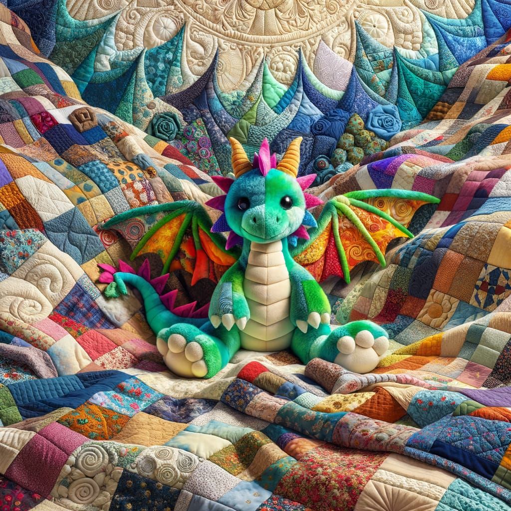 Vibrant Winged Plush Dragon Amidst Luxurious Quilted Textile...
