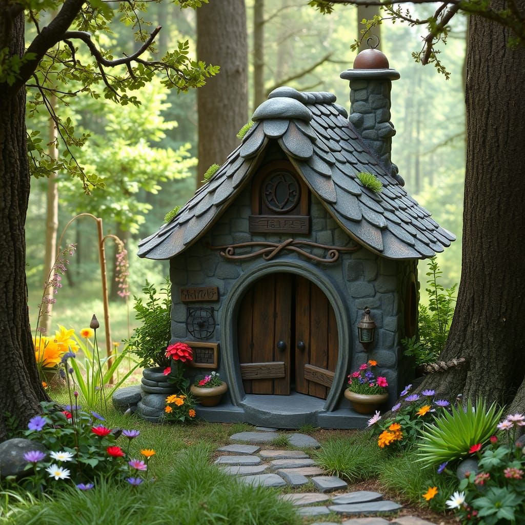 Whimsical Woodland Fairy Tale Shop Amidst Vibrant Wildflower...