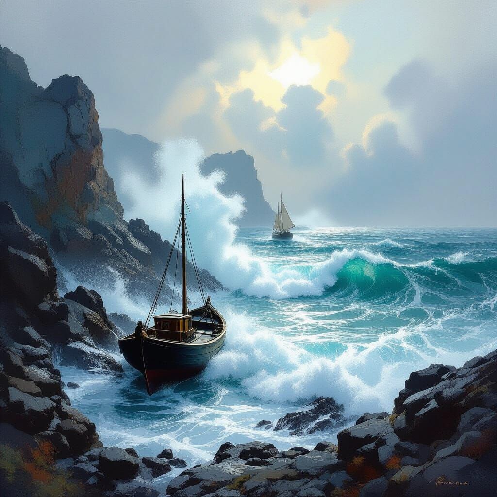 Dramatic Seascape with Boat in Romantic Style