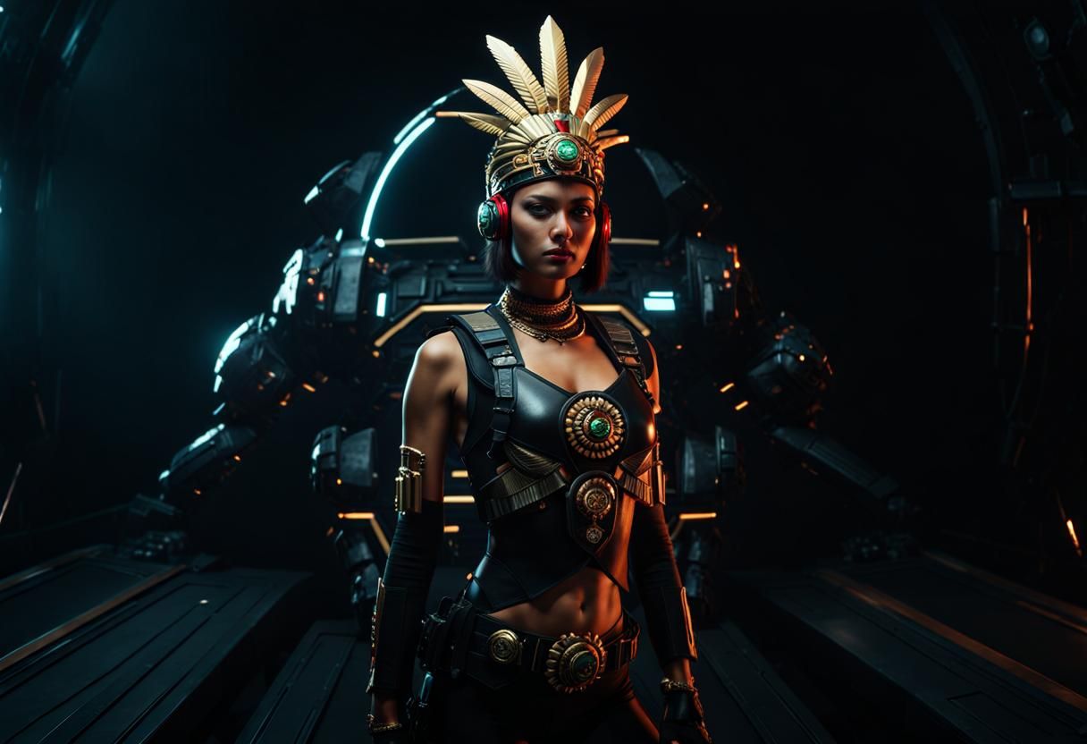 Aztec Goddess in Cyberpunk Armor, 3D Hyperrealism
