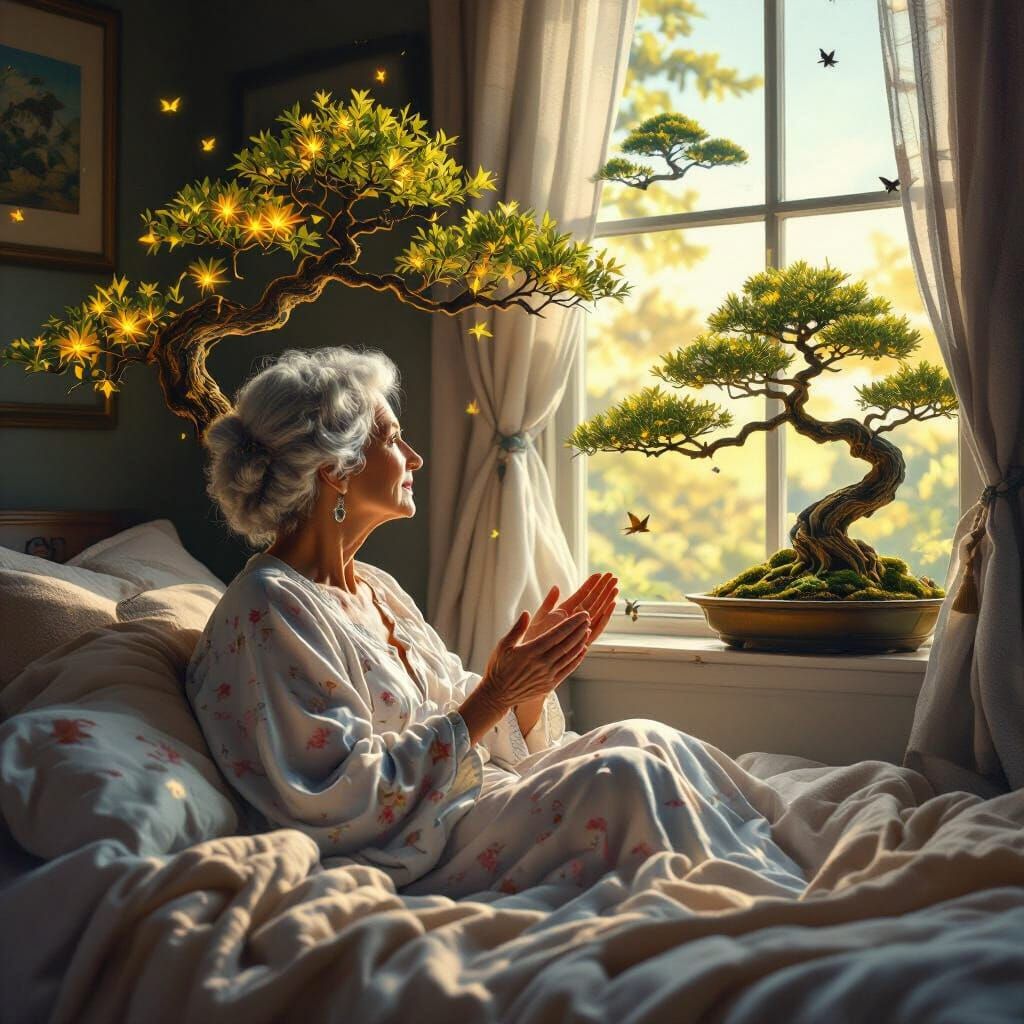 Magical Bonsai Trees Fly Past an Old Woman