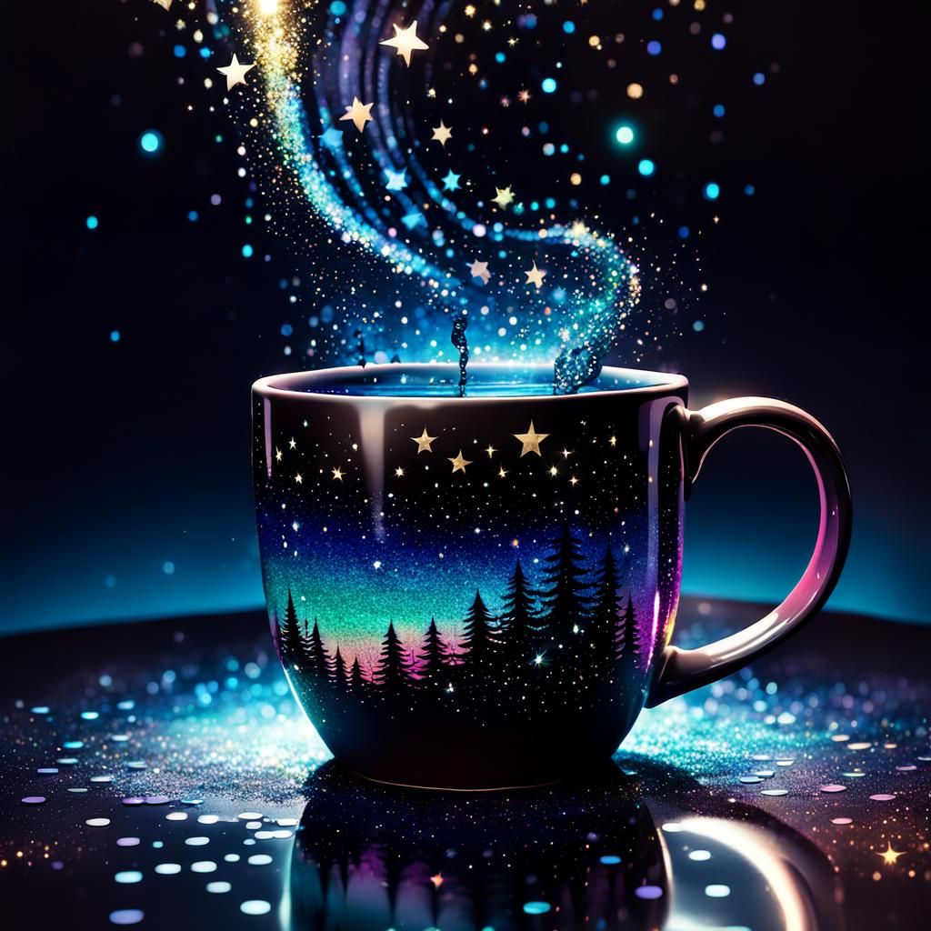 Cartoon Mug with Glitter Water Under Starry Sky