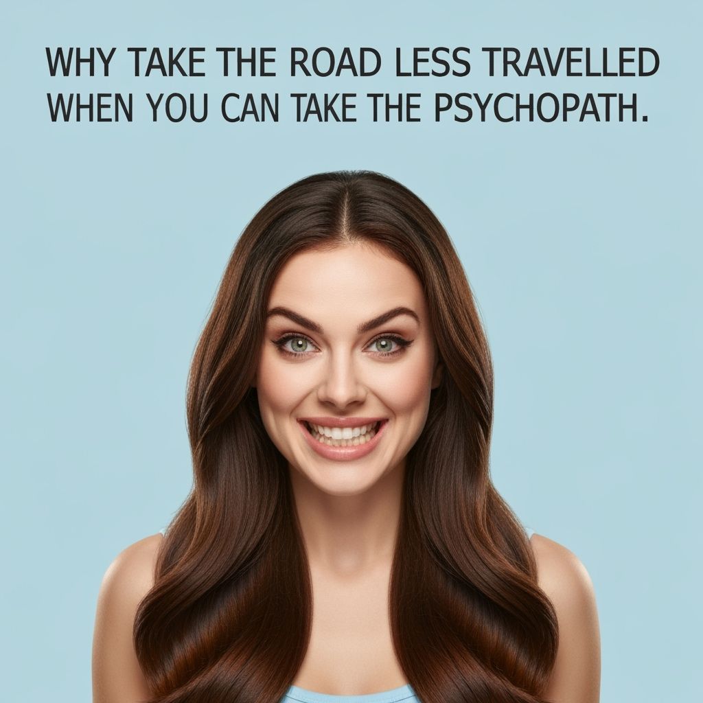 Intense Woman with Maniacal Grin on Pale Blue