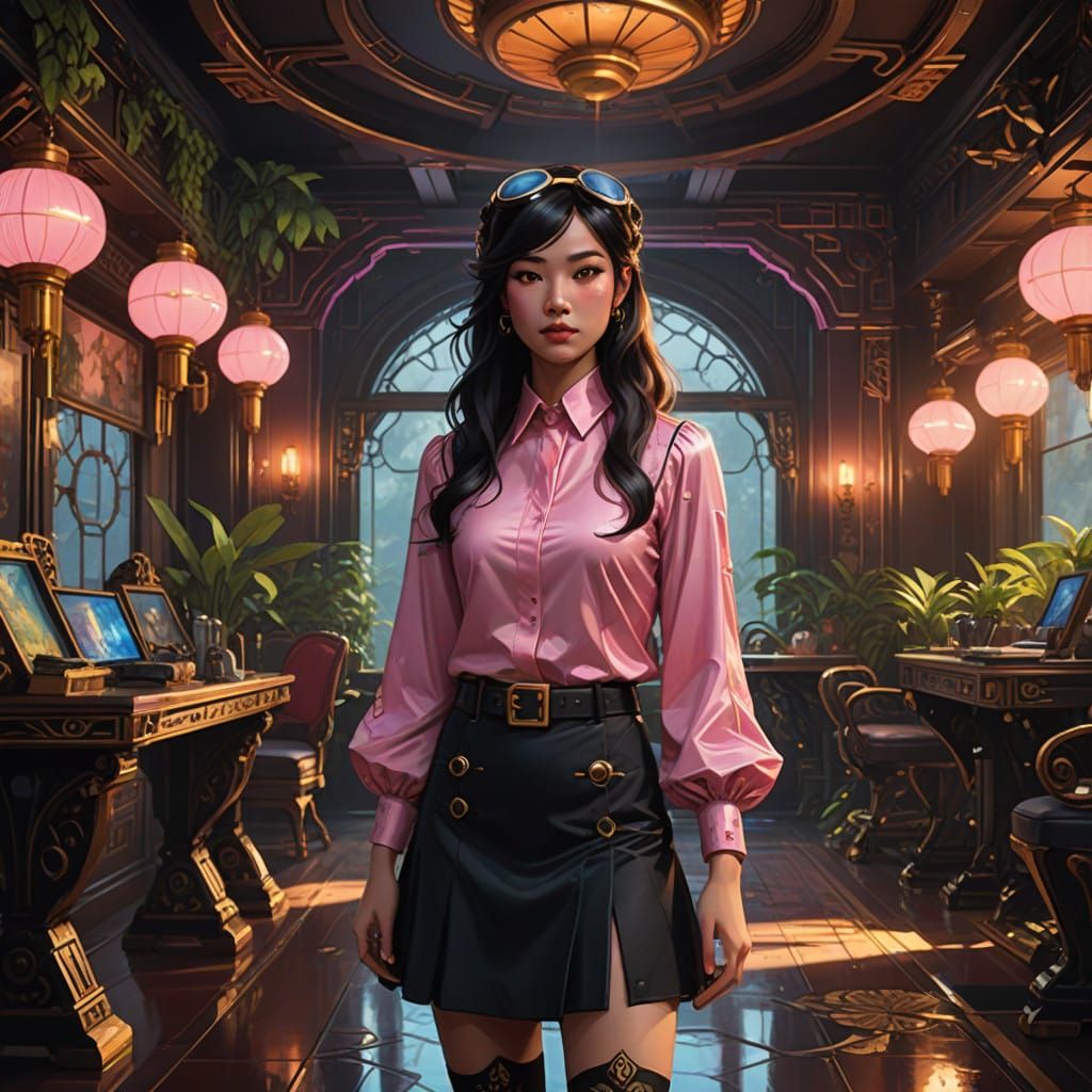 Confident Chinese Pilot Cosplay in Elegant Dining Room