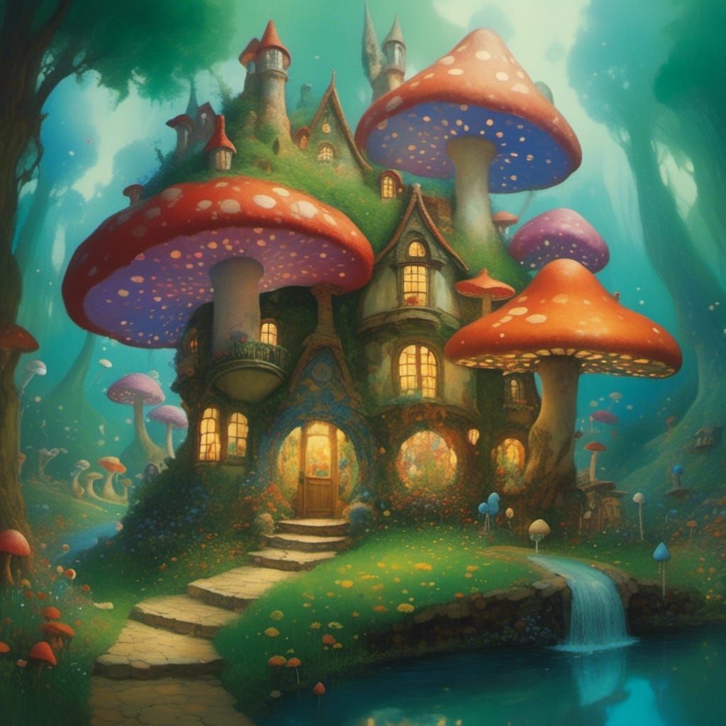 Mushroom Village in Glass Terrarium: Fantasy Art