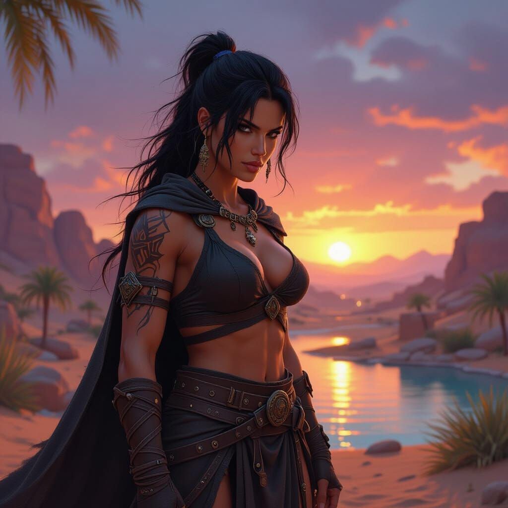 Muscular Barbarian in Desert Oasis Sunset