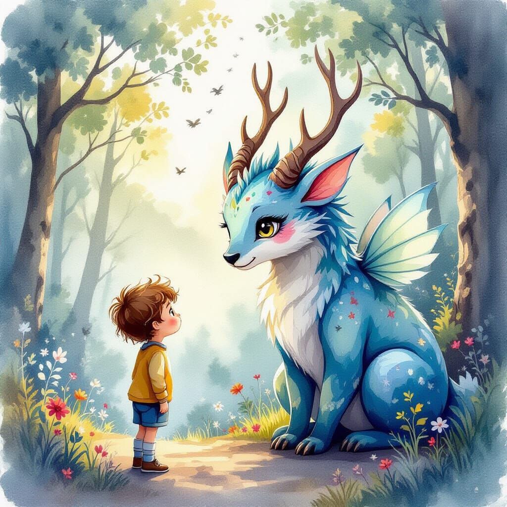 Child and Fantasy Creature in Watercolor Style
