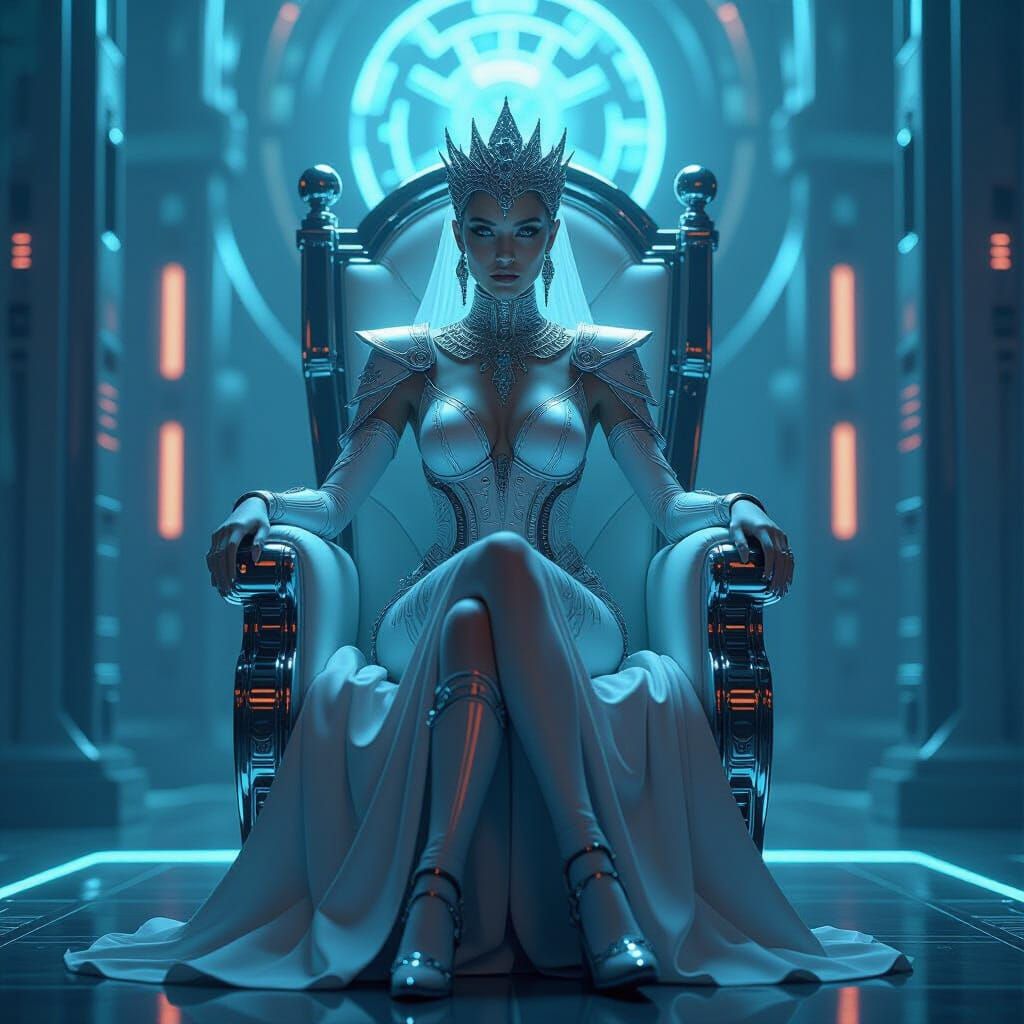 Android Queen on Chrome Throne in Futuristic Room
