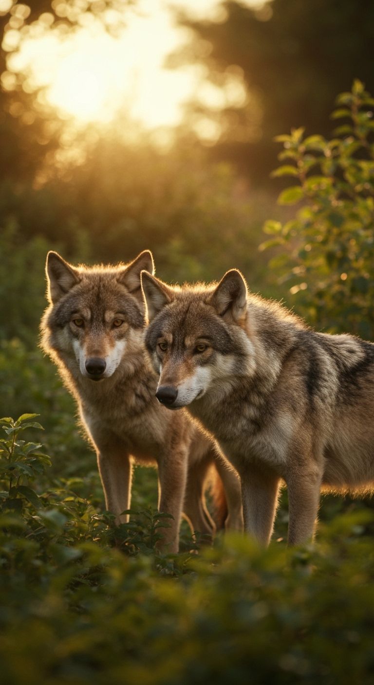 Baby Wolves Facepalming in Forest at Sunset
