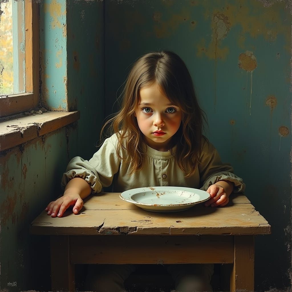 Melancholic Girl and Empty Plate in Neo-Impressionist Style
