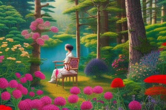 Woman Crocheting in Warped Perspective with Animals