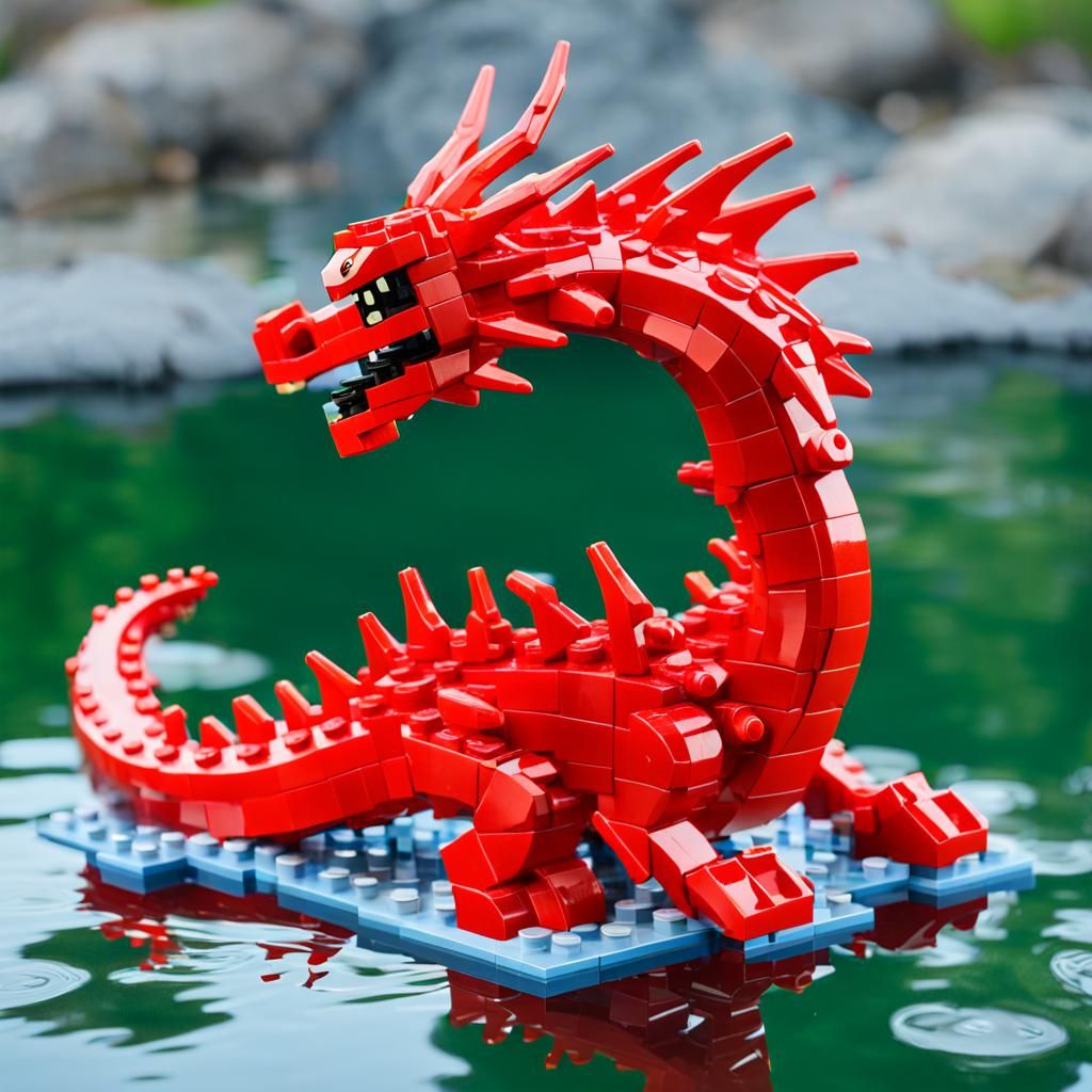 Realistic Lego Dragon Figurine on Water