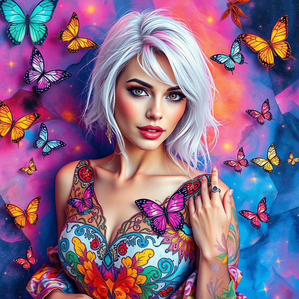 Woman in Vibrant Watercolor Landscape with Neon Night Spots ...