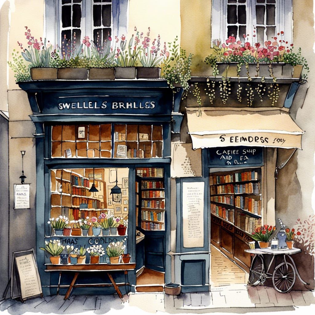 Charming Book Shop, Café, and Flower Shop Watercolor