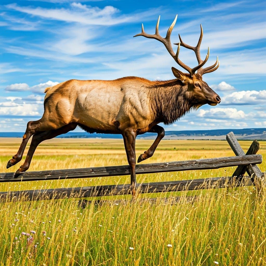 Elk Leaping Over Fence in Lush Field