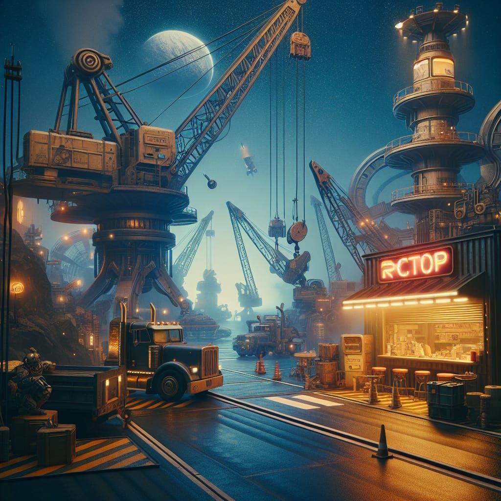 Steampunk Spaceport Diner and Shipyard Scene