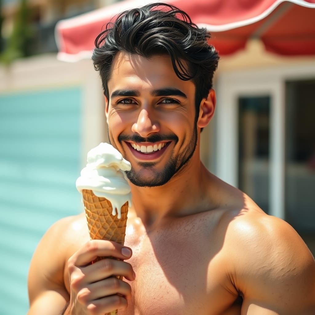 Muscular Man with Ice Cream on Summer Day
