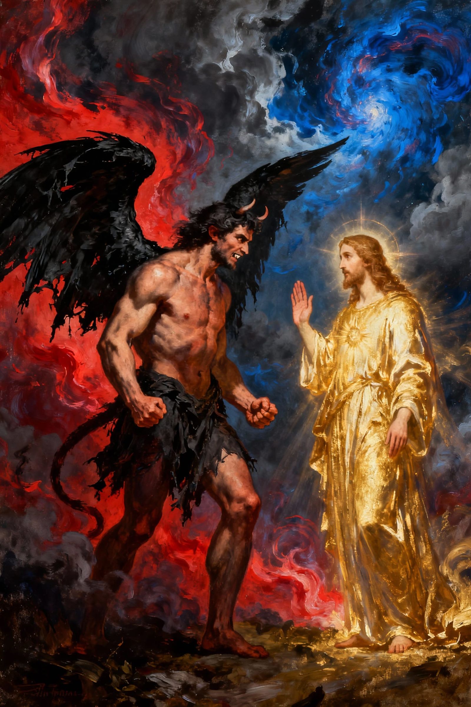 Lucifer vs Christ: Celestial Battle Oil Painting
