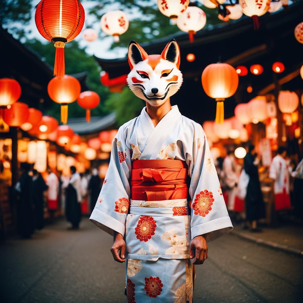 Japanese Man in Fox Mask at Inari Matsuri