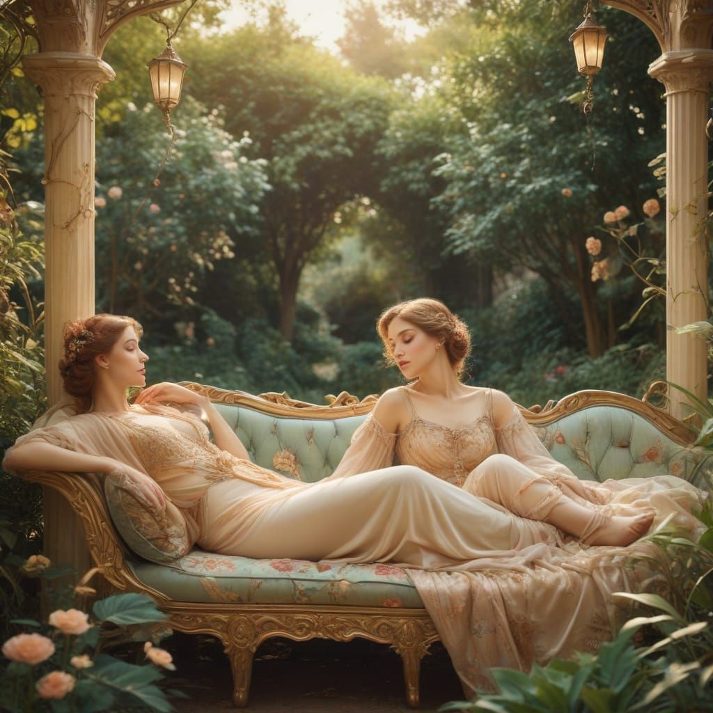 Ethereal Garden Scene in Art Nouveau Style
