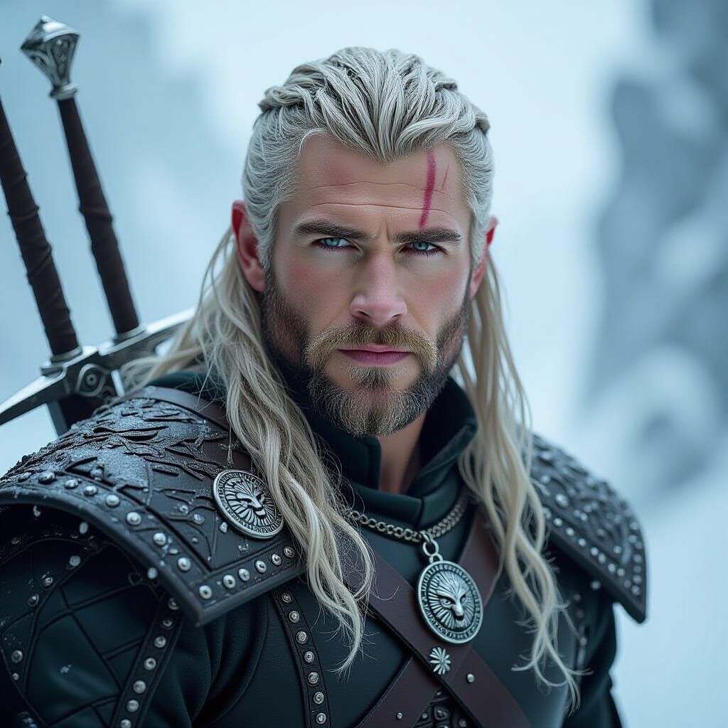 Geralt of Rivia Likeness in Dark Fantasy Style