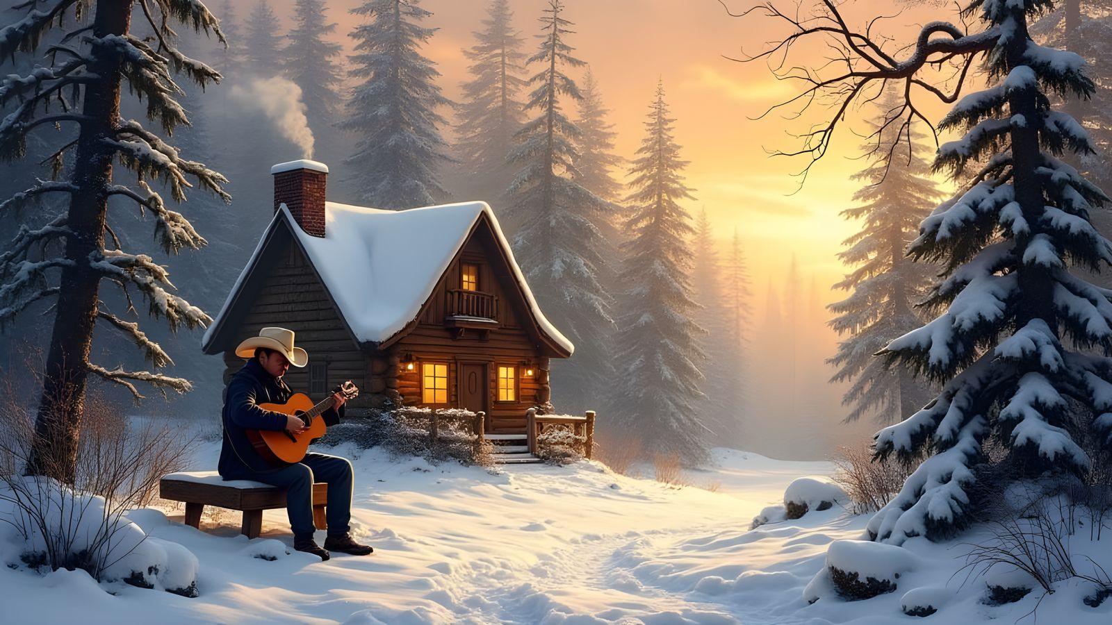 Cosy Winter Scene with Folk Art Style Sign, Rustic Hut, and....