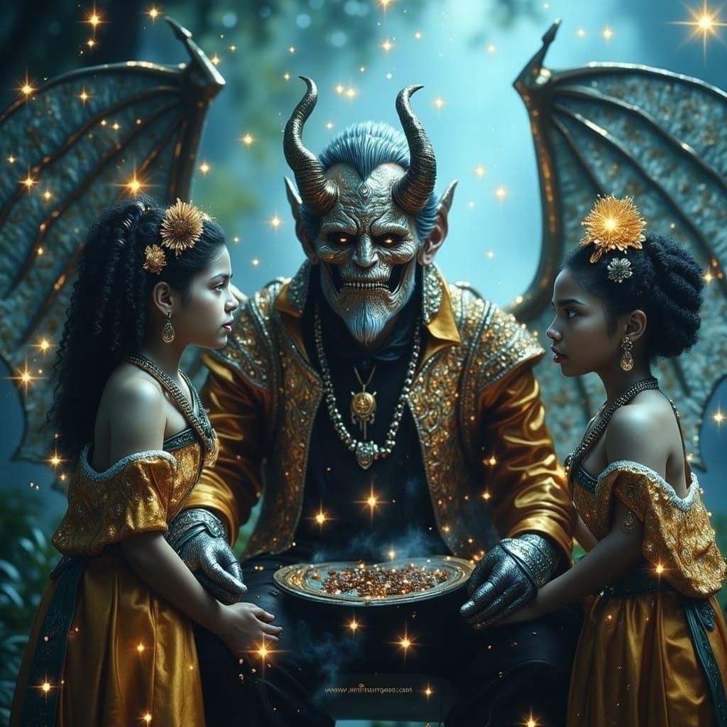 Terrifying Demon and Daughters in Bright Colors