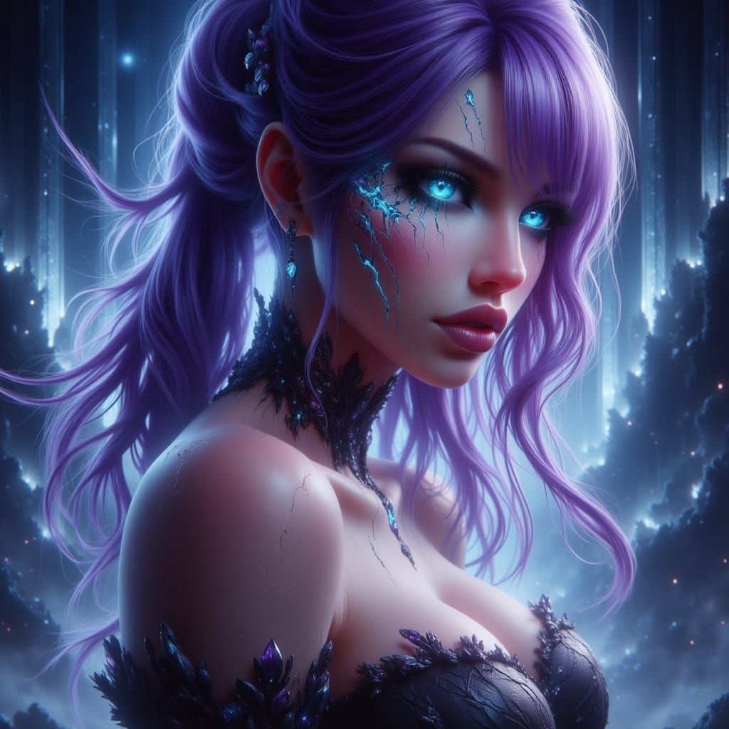 Anime Woman Profile Picture with Purple Hair and Green Eyes