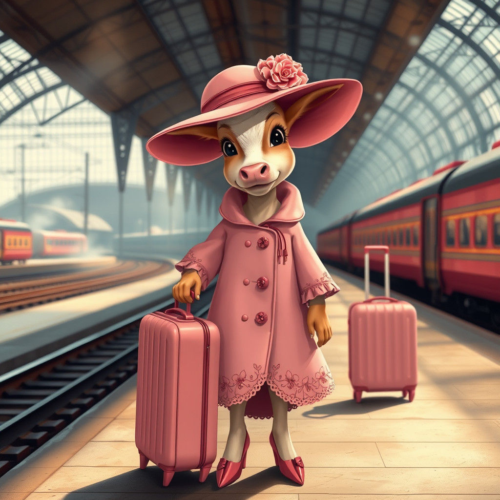 Elegant Cow at Train Station in Pink Outfit