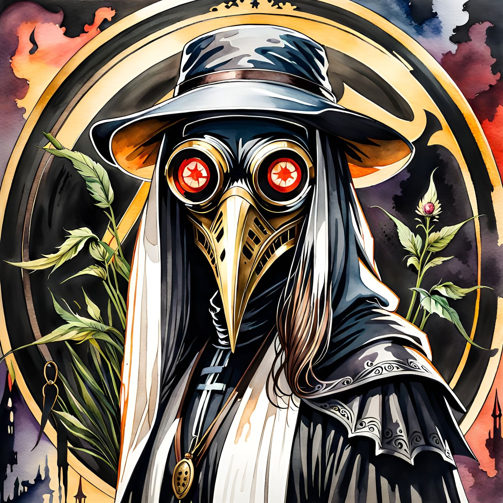 Watercolor Plague Doctor in Horror Film Style