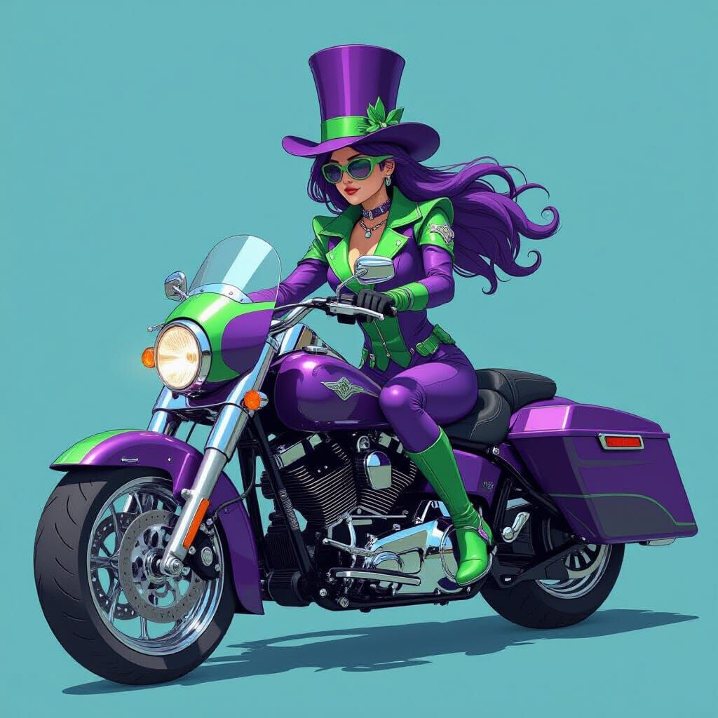 Futuristic Rider on Chrome Motorcycle in Purple and Green