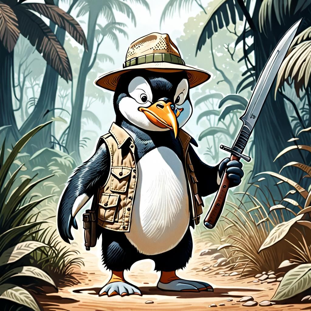 Penguin Safari Guide in Jungle Cartoon
