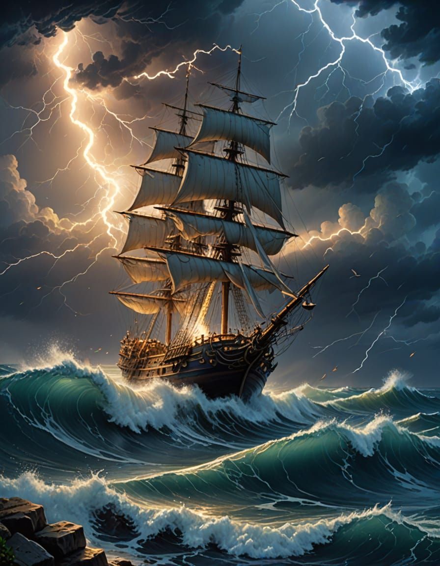 Apocalyptic Stormy Seascape with Galleon in Golden Light
