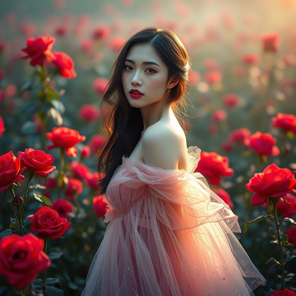 Surreal Goddess of Roses in Ethereal Beauty