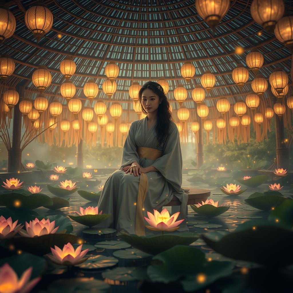 Lantern-Lit Wicker Pavilion in Dreamlike Fantasy Style