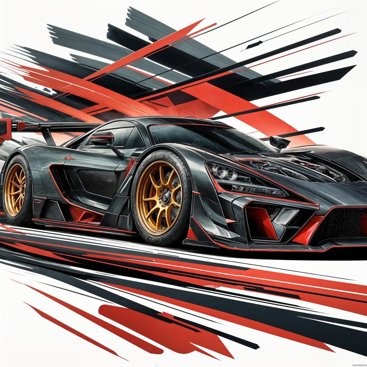 Stylized Racing Car with Aggressive Design and Golden Rims