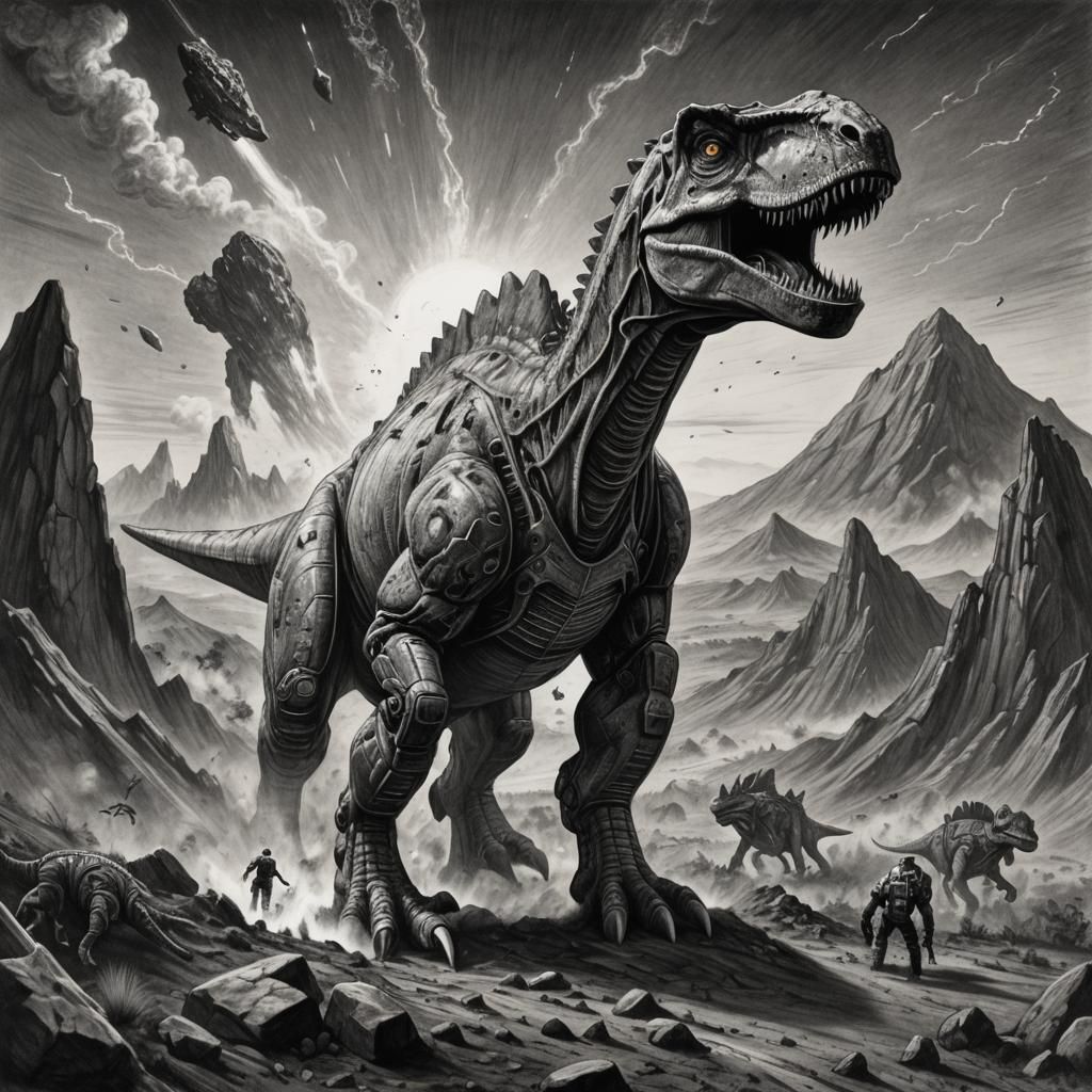 Robot Confronts T-Rex Under Meteor Shower: Charcoal Art